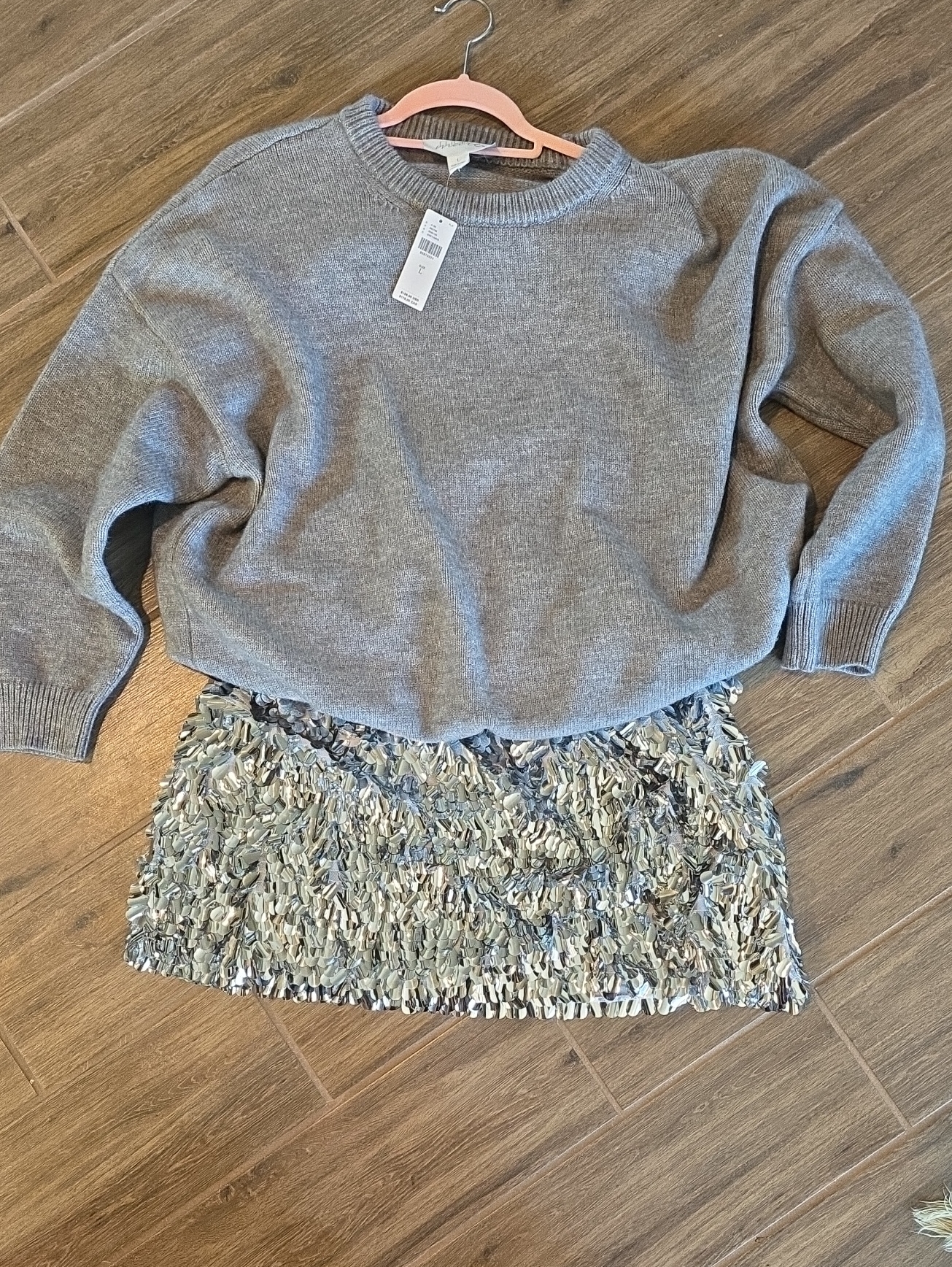 Anthropologie, Mare,Mare, Gray Knit Sweater, Attached Silver Sequin Mini Skirt
